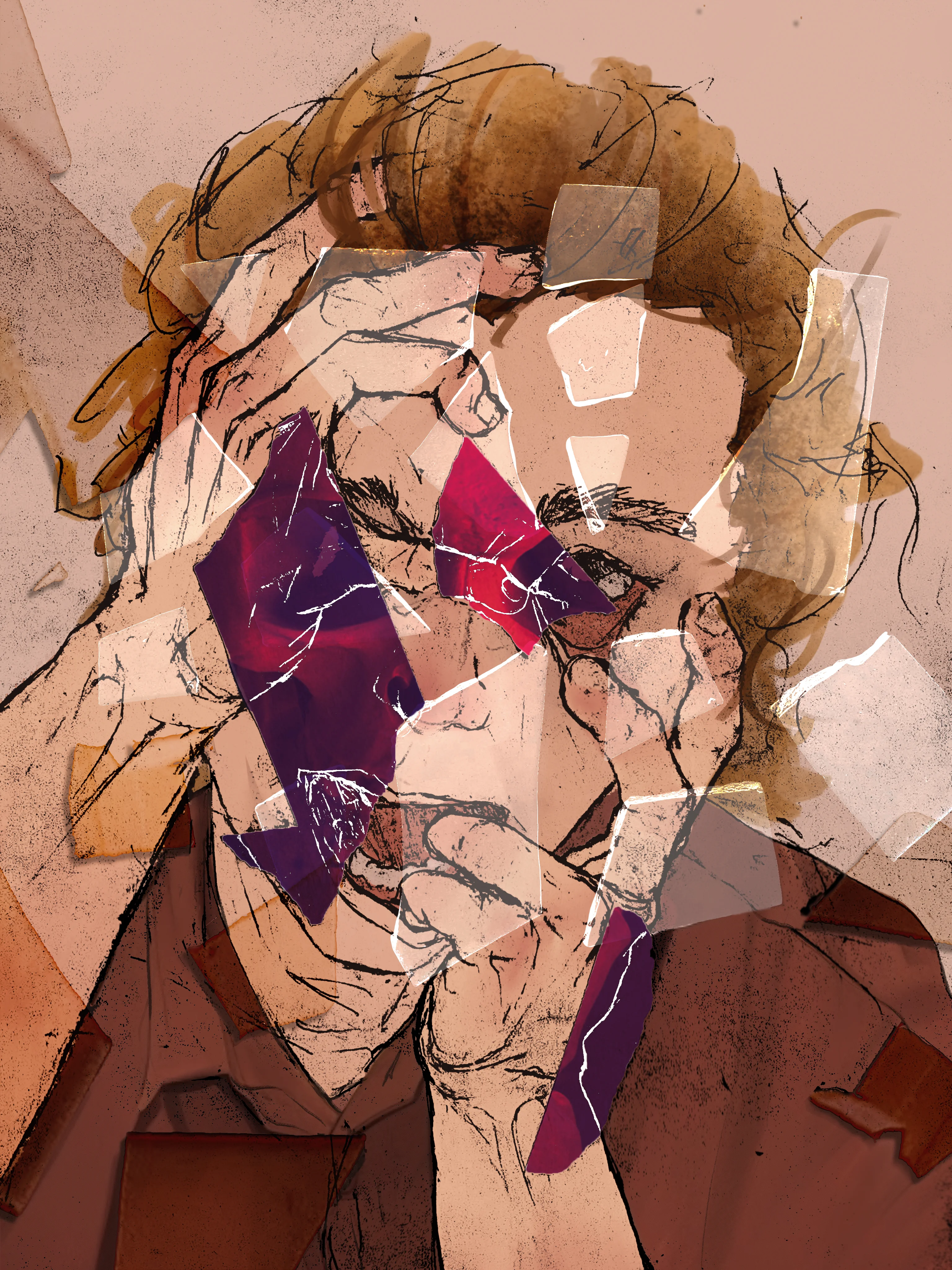 A digital sketch of a dude with curly, light brown hair, rocking a red and purple patterned shirt. His hands are up, partly blocking his face, with a beige background. The style is loose and abstract, with a rough, textured vibe.